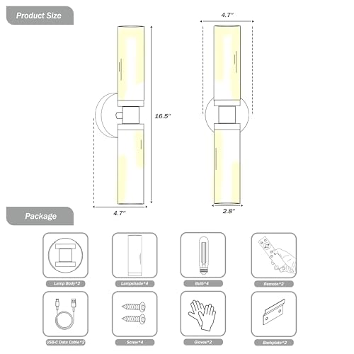 Rayogale 16.5 Inch Gold Battery-Operated Wall Sconces with Clear Lampshades, 2 Pack