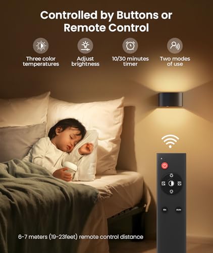 Black Motion Sensor Wall Light with Remote Control 3 Colors - 2 Pack
