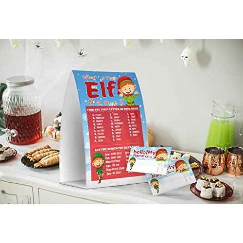 What's Your Elf Name Game, Christmas Party Games Activities, 1 Sign and 50 Name Tag Stickers -JJ043