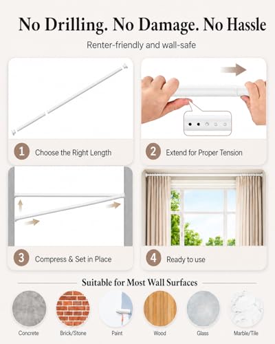 ALLZONE Heavy Duty Tension Curtain Rod 66-120 Inches White No Drilling