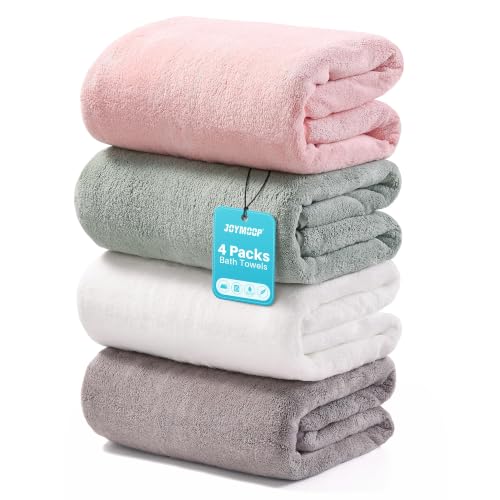JOYMOOP Microfiber Bath Towels 4 Pack - Extra Large 30x60 Inches, Mixed Color (White, Grey, Green, Blush)