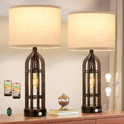 Seealle Table Lamps for Living Room, 3 Way Dimmable Farmhouse Lamp