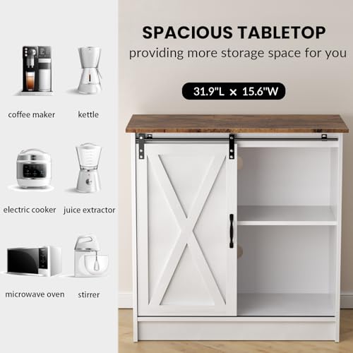 White Farmhouse Coffee Bar Cabinet with Sliding Barn Door and Storage
