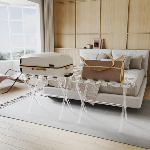 Foldable Acrylic Luggage Rack with Leather Straps for Guest Room - Beige, 1 Pack