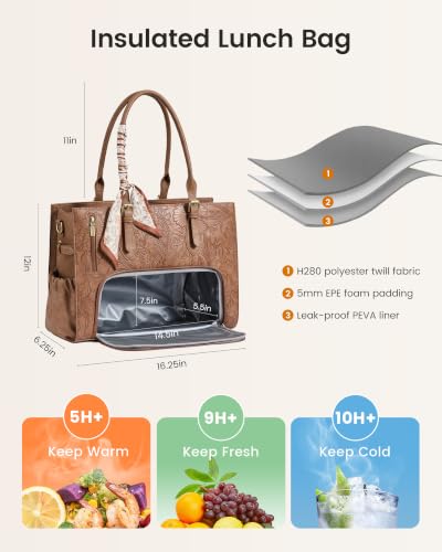 Retro Brown Embossed Work Tote Bag with Lunch Compartment for 15.6 Inch Laptop