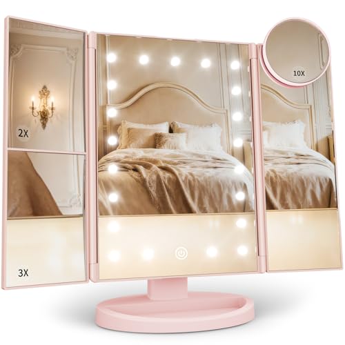HUONUL Pink 2X/3X/10X Lighted Trifold Makeup Mirror with Adjustable Brightness