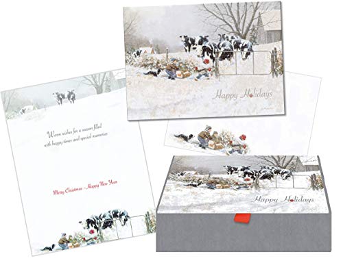 Farmhouse Christmas Cards Set of 14 - Snowy Cow & Kids Holiday Greeting Cards