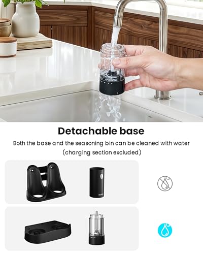 Electric Salt and Pepper Grinder Set with Rechargeable Base - Black, 6-Level Coarseness