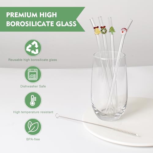 Loyzcy Christmas Glass Straws with Charms - 4 Pack, Reusable Holiday Drinkware