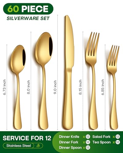 Gold Flatware Set for 12 - 60 Piece Stainless Steel Silverware Cutlery