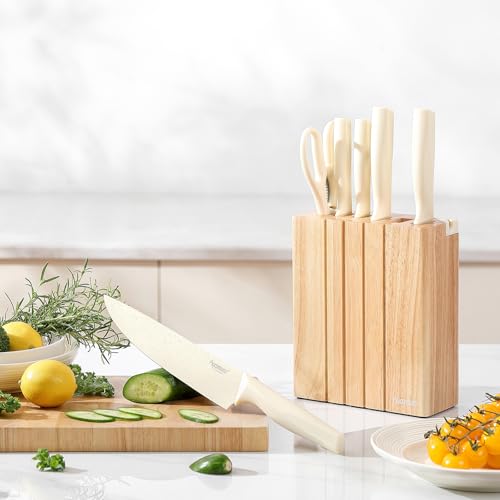 White Stem Wooden Seat 8-Piece Knife Set with Block & Built-in Sharpener