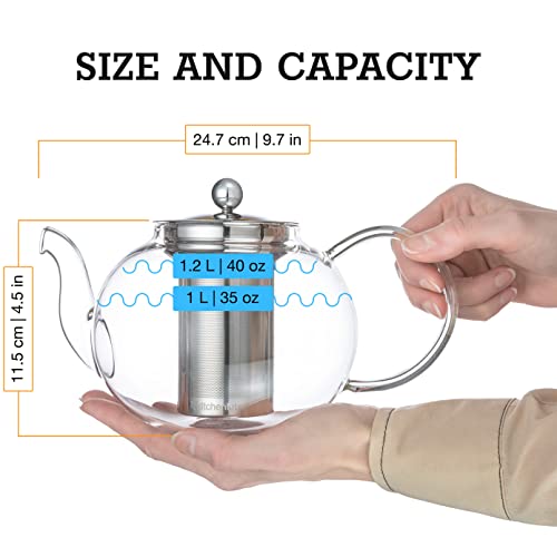 Glass Teapot Set with 4 Double Wall Tea Cups & Infuser – 35oz Borosilicate Stovetop Safe
