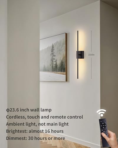 Black 23.6-Inch Cordless LED Wall Sconce Set of 2 - Touch Dimmable Modern Wall Lamps with Remote