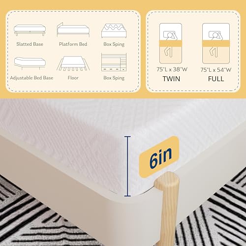 MLILY EGOHOME Twin Mattress 6 Inch Green Tea Gel Cooling Memory Foam Bunk Bed, White, Medium Firm, Made in USA