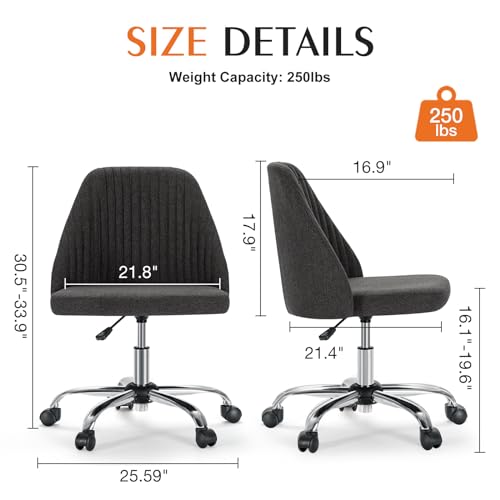 Sweetcrispy Deep Gray Armless Vanity Chair with Wheels - Small Office Desk Chair