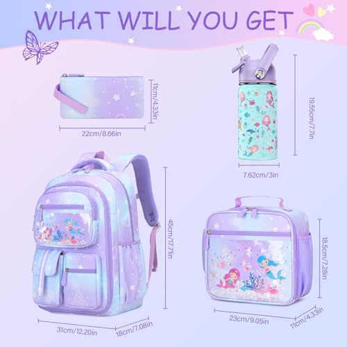 Purple Mermaid Girls Backpack Set with 14oz Leak-Proof Water Bottle & Lunch Bag - 4 Pieces