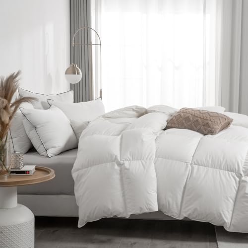 Queen Size Feather Down Comforter - Organic Cotton Cover All Seasons Medium Warm Ivory White Variation