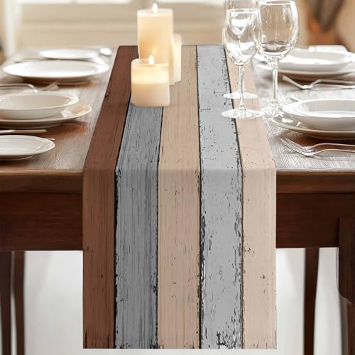 Vandarllin 13x70 Brown Grey Farmhouse Table Runner - 70-72in Rustic Burlap Cotton Decor