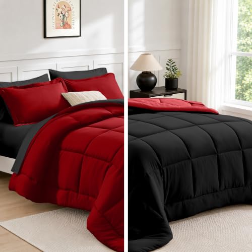 FUANNA Reversible King Size Comforter Set 7 Pieces - Red & Black