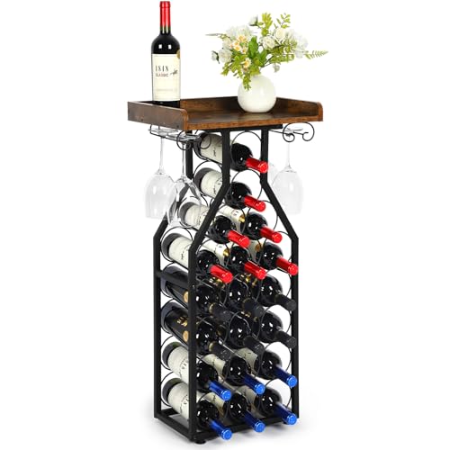 Freestanding Wine Rack for 19 Bottles with Glass Holder and Wooden Tabletop