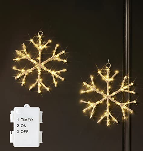 Hairui 2 Pack White Snowflake LED Lights Battery Operated with Timer 70 LEDs 14in Window Christmas Decor