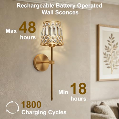 Rayspan Gold Rechargeable Wireless Crystal Wall Sconces Set of 2 with Remote, Dimmable RGB & CCT, Easy Installation