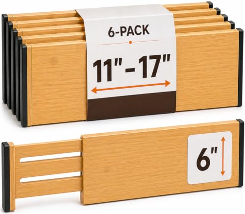 Bambüsi Bamboo Drawer Dividers - 6 Inch High, Expandable 11.5-17 Inch Wide Organizer Set