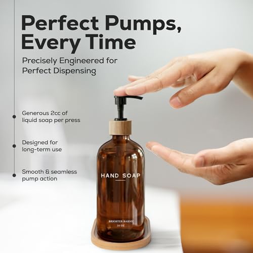 Amber Glass Hand and Dish Soap Dispenser Set with Bamboo Pump and Tray - Modern Kitchen Decor - Variation of Amber Hd
