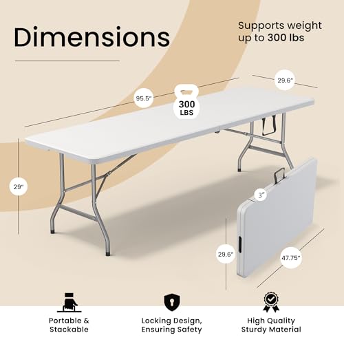 White 8ft Foldable Camping Table with Handle & Steel Legs - Heavy Duty Portable Indoor & Outdoor Event Table