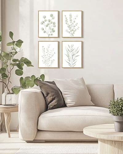 Natural Framed Botanical Wall Art Set of 4 - Eucalyptus Leaf Prints 11x14 inches, Boho Home Decor