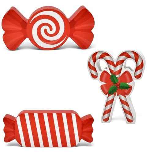 Gift Boutique - Set of 3 Christmas Candy Wooden Table Decoration Centerpiece Block Holiday Wood Red & White Peppermint Candy Cane Tiered Tray Tabletop Sign Decor for Home Xmas Party Supplies
