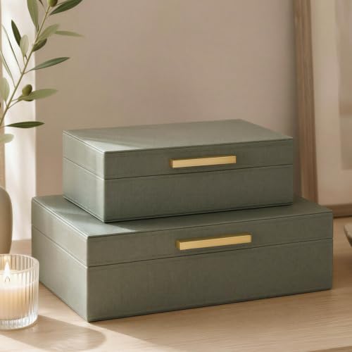 Sage Decorative Storage Boxes with Lids Set of 2 - PU Leather Organizer Bins