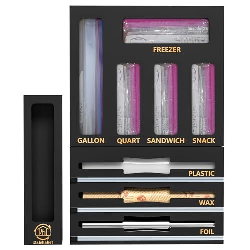 Black 9 Slots Bamboo Drawer Organizer with Wrap Dispenser & Bag Storage