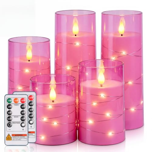 Pink Flickering Flameless Candles with Remote Control - D3" x H4" (Set of 5)