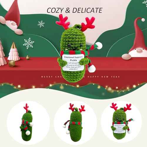 Christmas Crochet Pickle, Positive Crochet Animals with Message, Handmade Gifts with Antlers and Plaid Scarf, Funny Xmas Decorations (Christmas Cucumber)