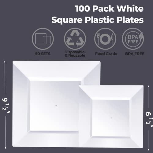 White Square Disposable Plastic Plates 100 Pack - Food Grade, Heavy Duty, Party Use