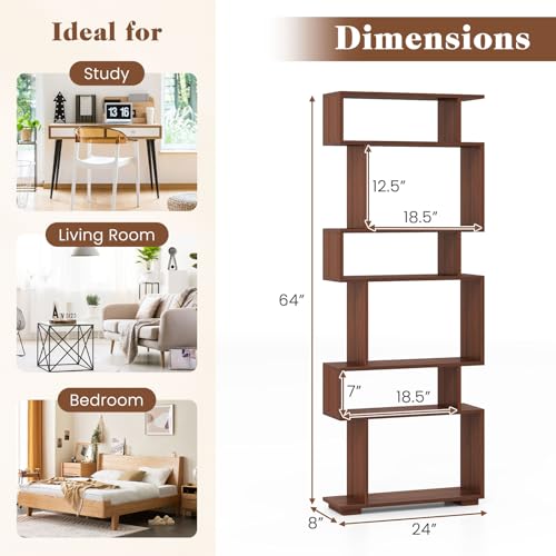 Giantex 6-Tier Geometric Walnut Bookcase with Anti-Tipping Kits - Modern S-Shaped Wooden Shelf