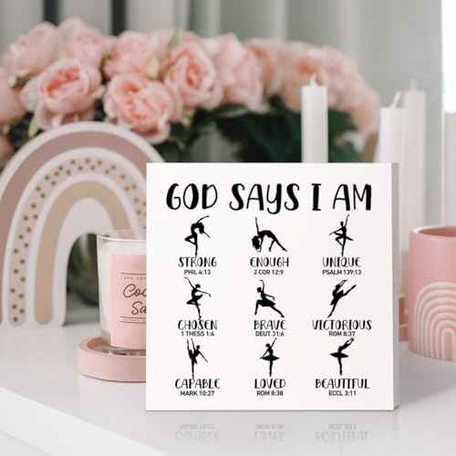 Inspirational Christian Ballet Wooden Box Sign Decor, Jesus Bible Verse Dance Decorations for Home Dance Studio, Ballet Gifts for Girls, Dancer Gifts, Gift for Dancer Ballerina, God Says I Am Strong