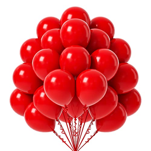 FOTIOMRG Red Balloons, 50 Pack - 12 inch Latex Party Balloons for Birthday, Graduation, Baby Shower, Valentines, Christmas, Wedding Parties (with Red Ribbon)