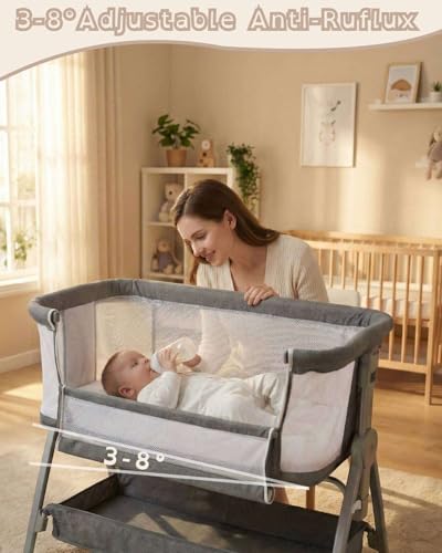 Grey 3-in-1 Bedside Bassinet for Baby with Mattress & Wheels - Adjustable Height