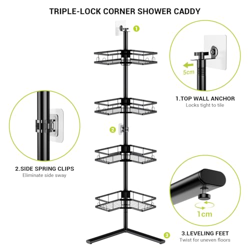 Foukus Black Standing Corner Shower Caddy - 4-Tier Rustproof Adjustable Shelves