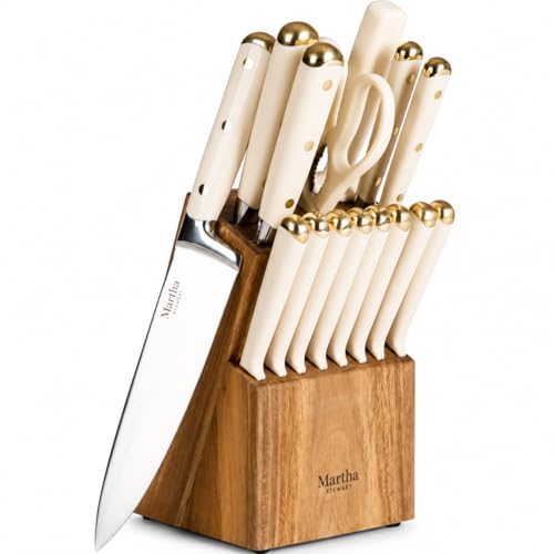 Linen White & Gold 16-Piece Knife Block Set with Acacia Wood Storage