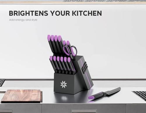 ASETY Elegant Purple 15-Piece Kitchen Knife Set with Built-in Sharpener Block