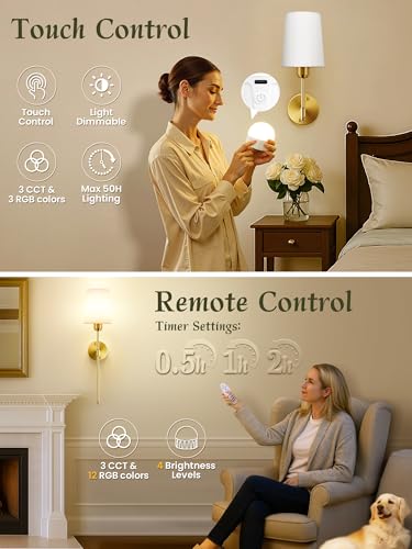 SyncGlow Gold Battery-Operated Wall Sconces Set of 2 with RGB & Dimmable Light