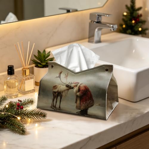 UTELKA Santa Deer Tissue Box Cover Rectangle, Winter Holder 9.8x6x7