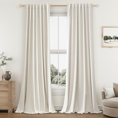 Cream Linen Blackout Curtains 52W x 108L - Pack of 2 Room Darkening Drapes