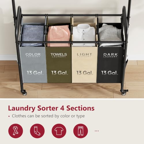 Laundry Sorter Cart with Hanging Clothes Rack - 4 Colors and 4 Bags