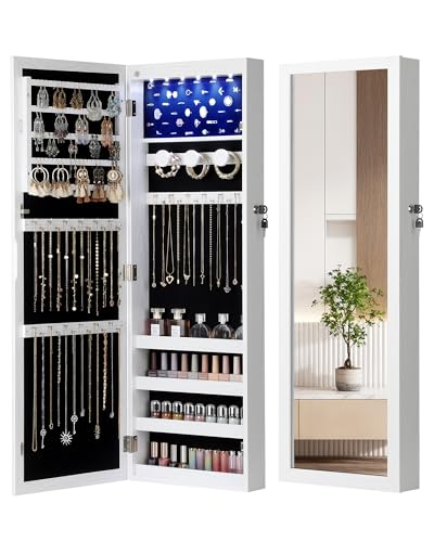Nicetree White Jewelry Armoire with 6 LEDs Hanging Mirror Cabinet with Lock & Keys