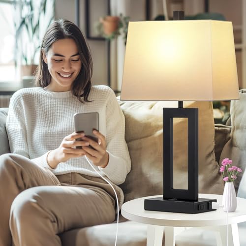 Cinkeda Black Bedside Table Lamp Set of 2,Nightstand Lamps with USB