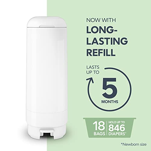 Diaper Genie Signature Pail with Long-Lasting Refill and White Variation — Odor Locking, Hands-Free, Holds 846 Diapers